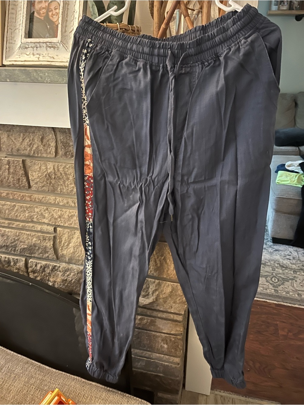 Woman's Navy Drawstring Jogger Pants with Side Patterned Trim